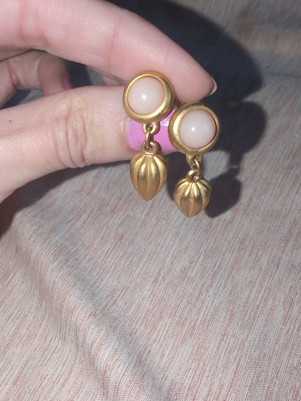 Gold-Tone Drop Earrings with Blush Pink Cabochon